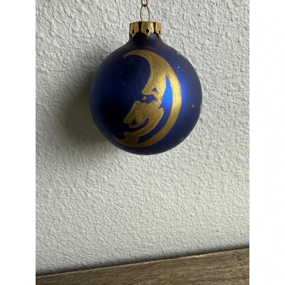 Signed Celestial Moon Stars Hand Painted Blue Glass Ornament Vintage 1993 Studio